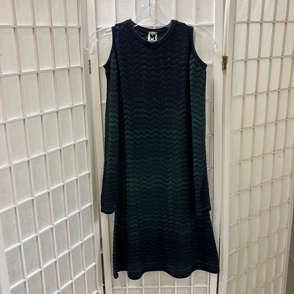 Missoni blue and green cold shoulder dress with long sleeves
